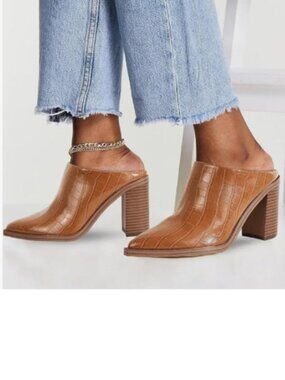 FOWT Crocodile Brown Pointed Toe Slip On Mules Stacked Block High Heel Sandal
